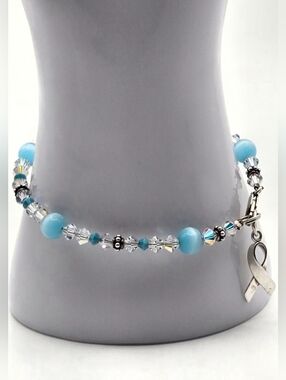 Blue Bead Bracelet with Sterling Ribbon Charm